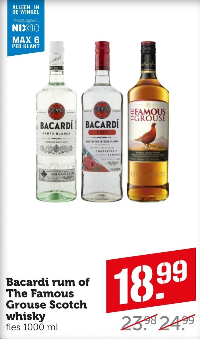 Coop Bacardi rum of The Famous Grouse Scotch whisky fles 1000 ml aanbieding