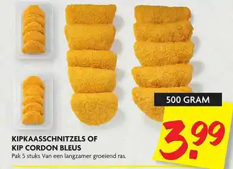 Dekamarkt Kipkaasschnitzels of kip cordon bleus 500 gram aanbieding