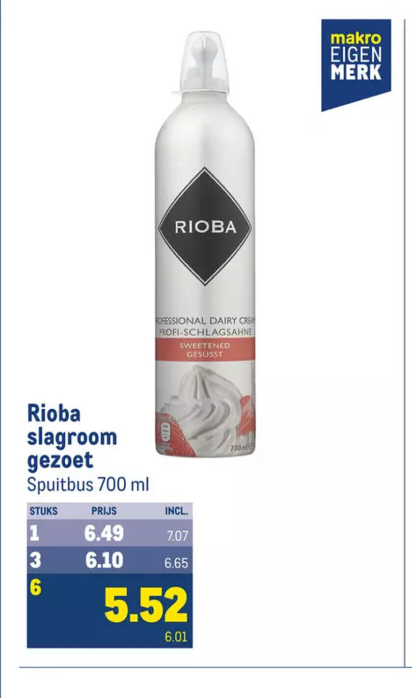 Makro Rioba slagroom gezoet Spuitbus 700 ml aanbieding