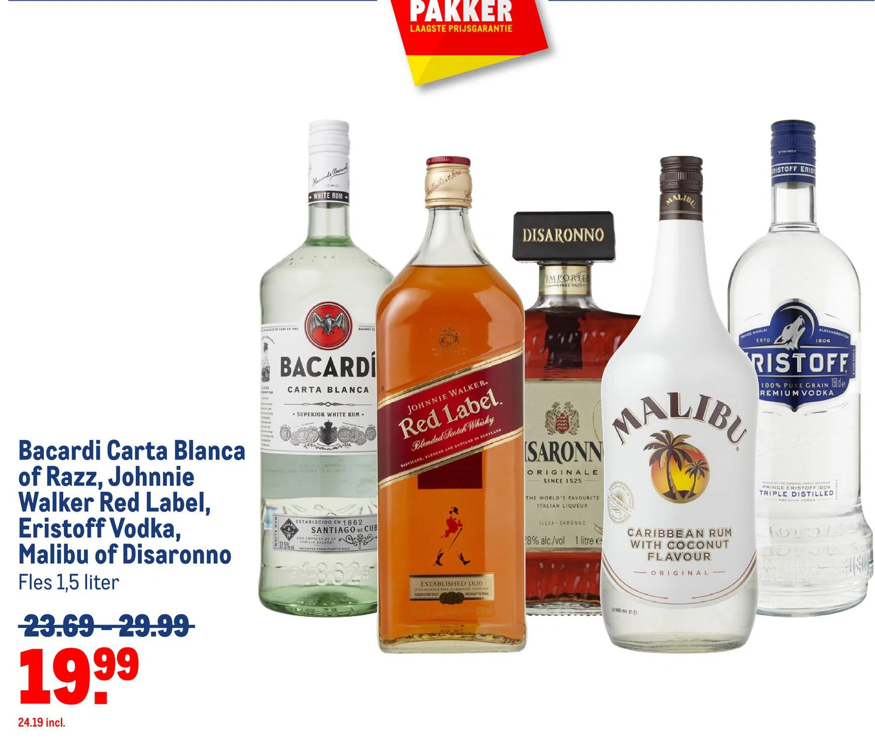 Makro Bacardi carta blanca of razz, johnnie walker red label, eristoff vodka, malibu of disaronno aanbieding
