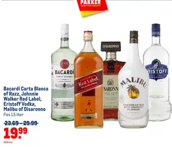 Makro Bacardi carta blanca of razz, johnnie walker red label, eristoff vodka, malibu of disaronno aanbieding