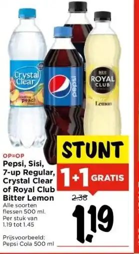 Vomar Voordeelmarkt Pepsi, sisi, 7-up regular, crystal clear of royal club bitter lemon aanbieding