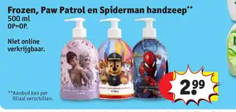 Kruidvat Frozen, Paw Patrol en Spiderman handzeep** 500 ml aanbieding