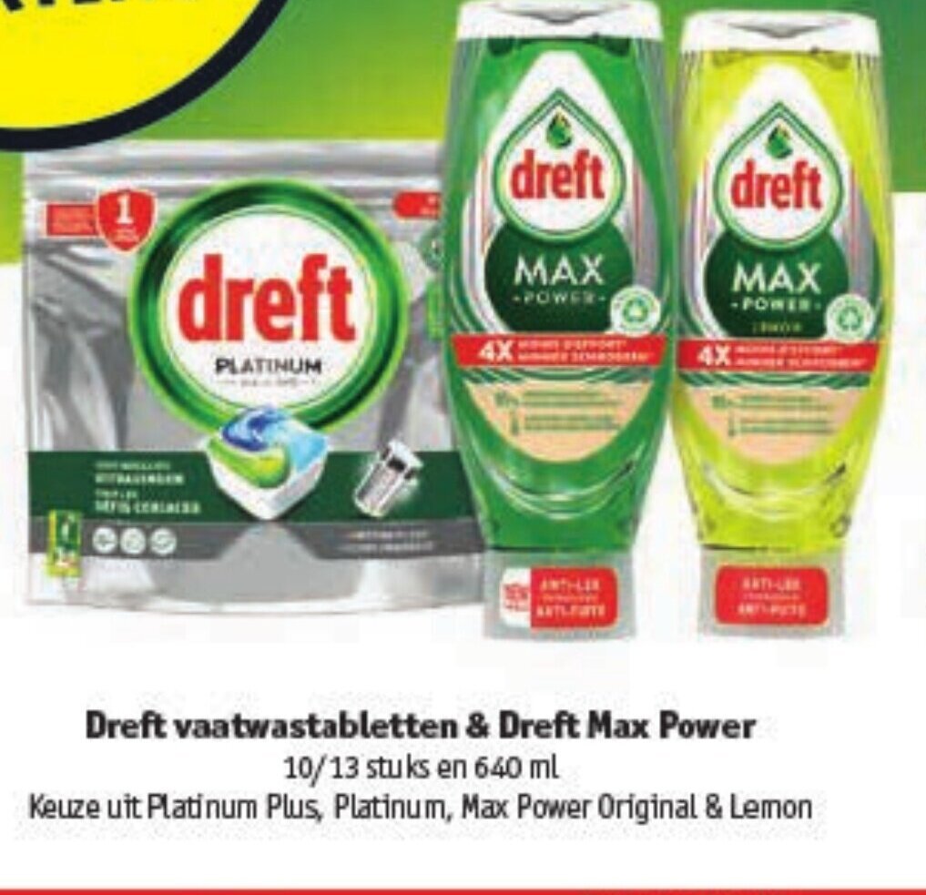 Kruidvat Dreft vaatwastabletten & Dreft Max Power 10/13 stuks en 640 ml aanbieding