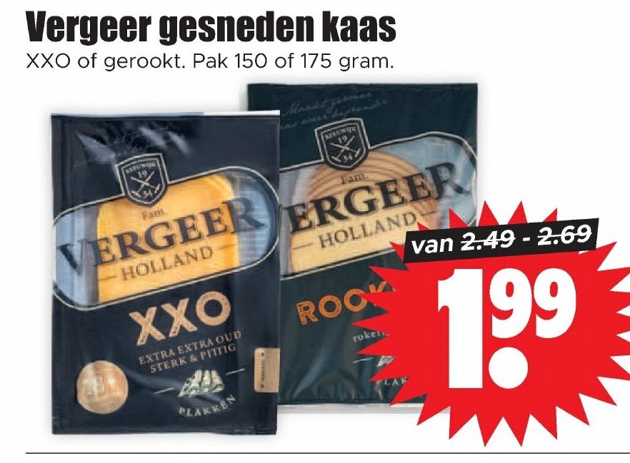 Dirk Vergeer gesneden kaas XXO of gerookt. Pak 150 of 175 gram. aanbieding