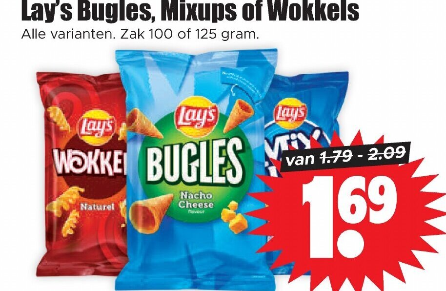 Lay's Bugles, Mixups of Wokkels Alle varianten. Zak 100 of 125 gram