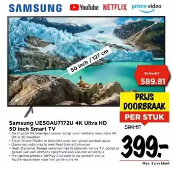 Vomar Voordeelmarkt Samsung UE50AU7172U 4K Ultra HD 50 inch Smart TV aanbieding