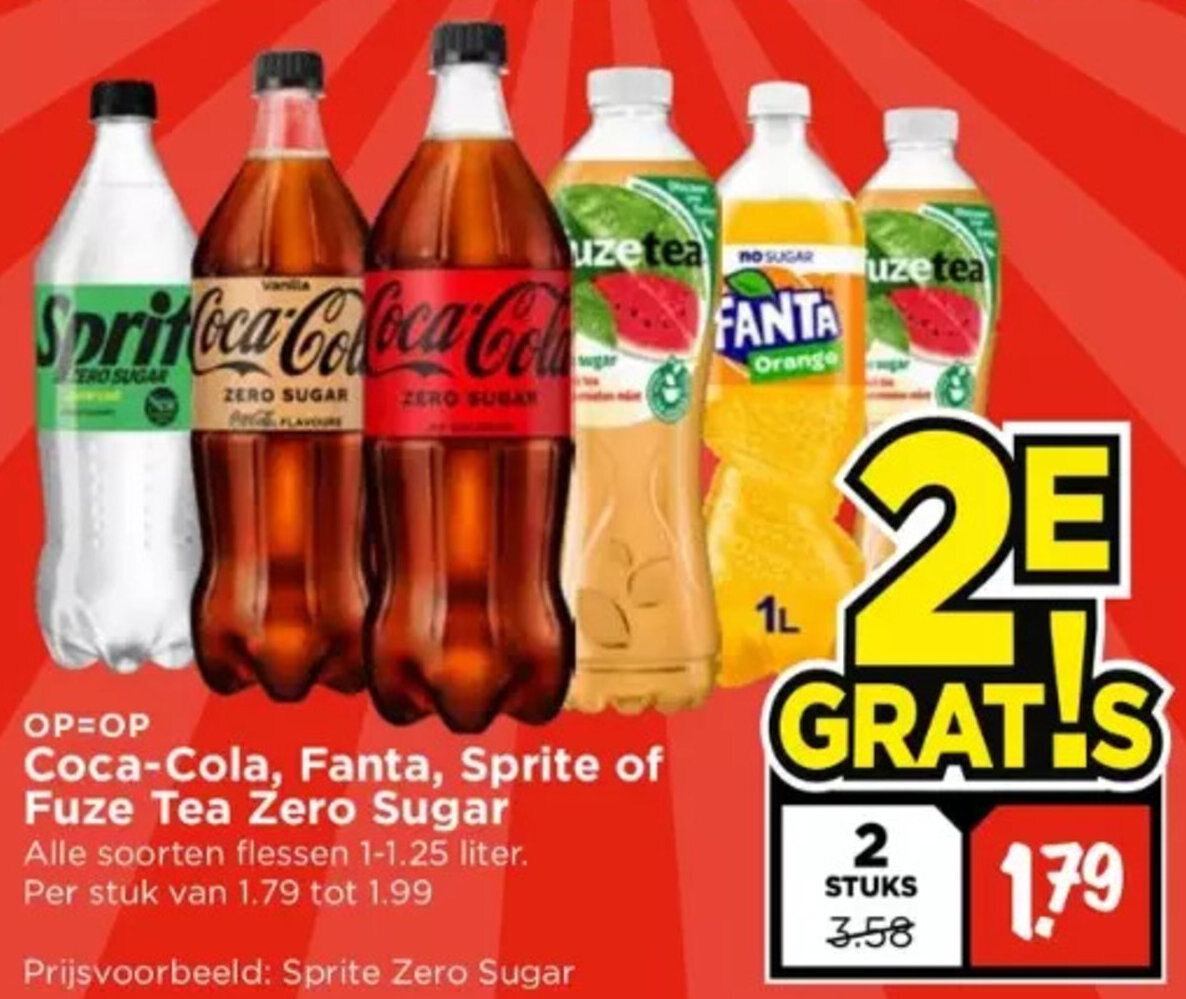 Vomar Coca-Cola, Fanta, Sprite of Fuze Tea Zero Sugar Alle soorten flessen 1-1.25 liter. aanbieding