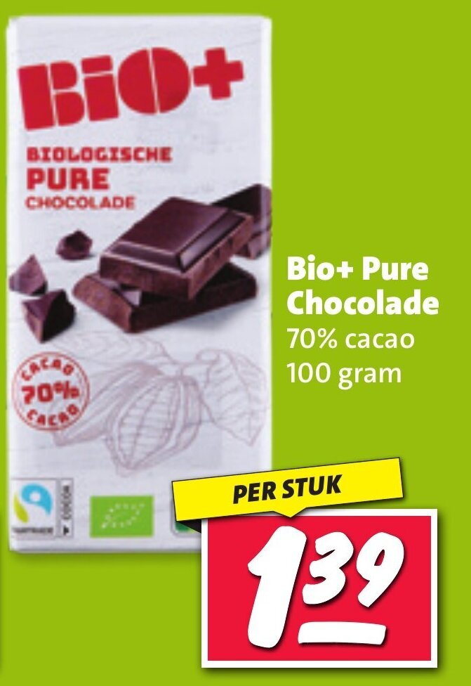Bio+ Pure Chocolade 70% cacao 100 gram aanbieding bij Nettorama