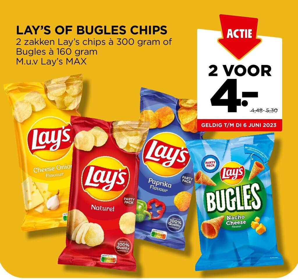 LAY'S OF BUGLES CHIPS, 300 gram of Bugles à 160 gram aanbieding bij Jumbo