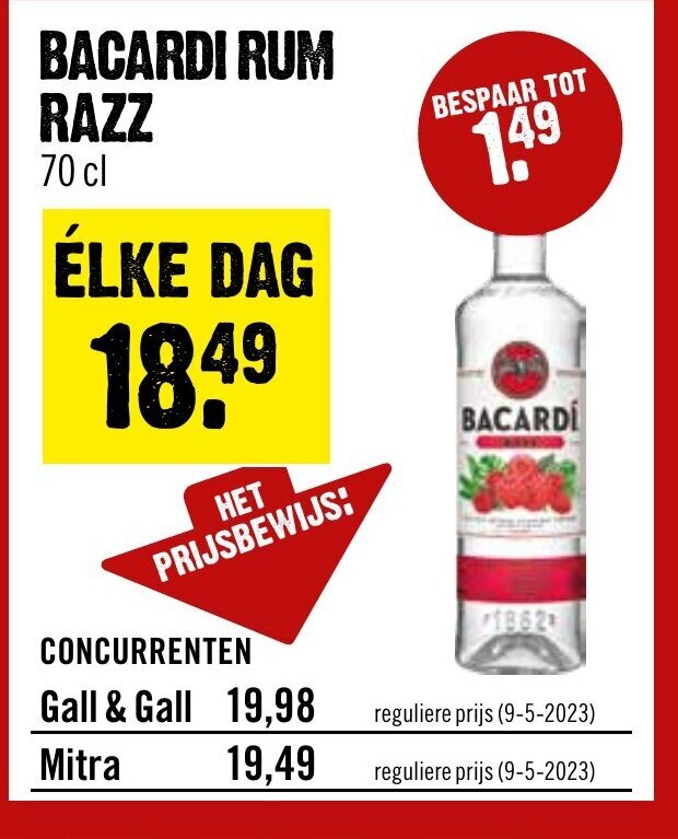 Dirck 3 BACARDI RUM RAZZ 70 cl aanbieding