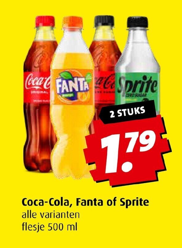Boni Coca-Cola, Fanta of Sprite alle varianten flesje 500 ml 2 stuks aanbieding