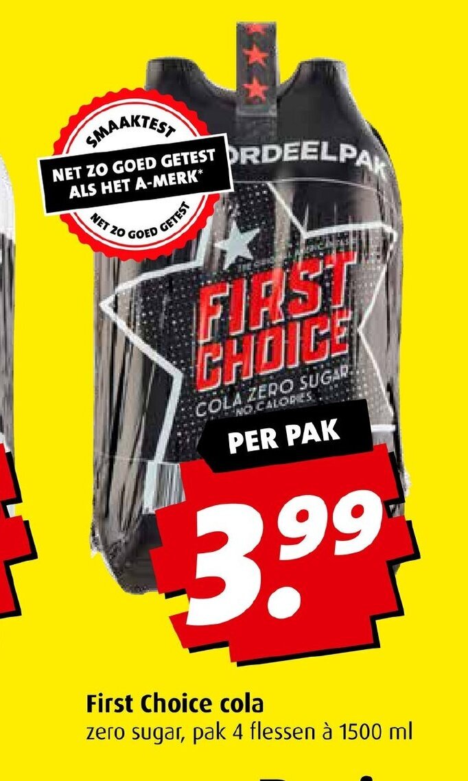 Boni First Choice cola zero sugar, pak 4 flessen à 1500 ml aanbieding