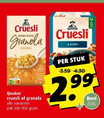 Boni Quaker cruesli of granola alle varianten pak 350-450 gram aanbieding