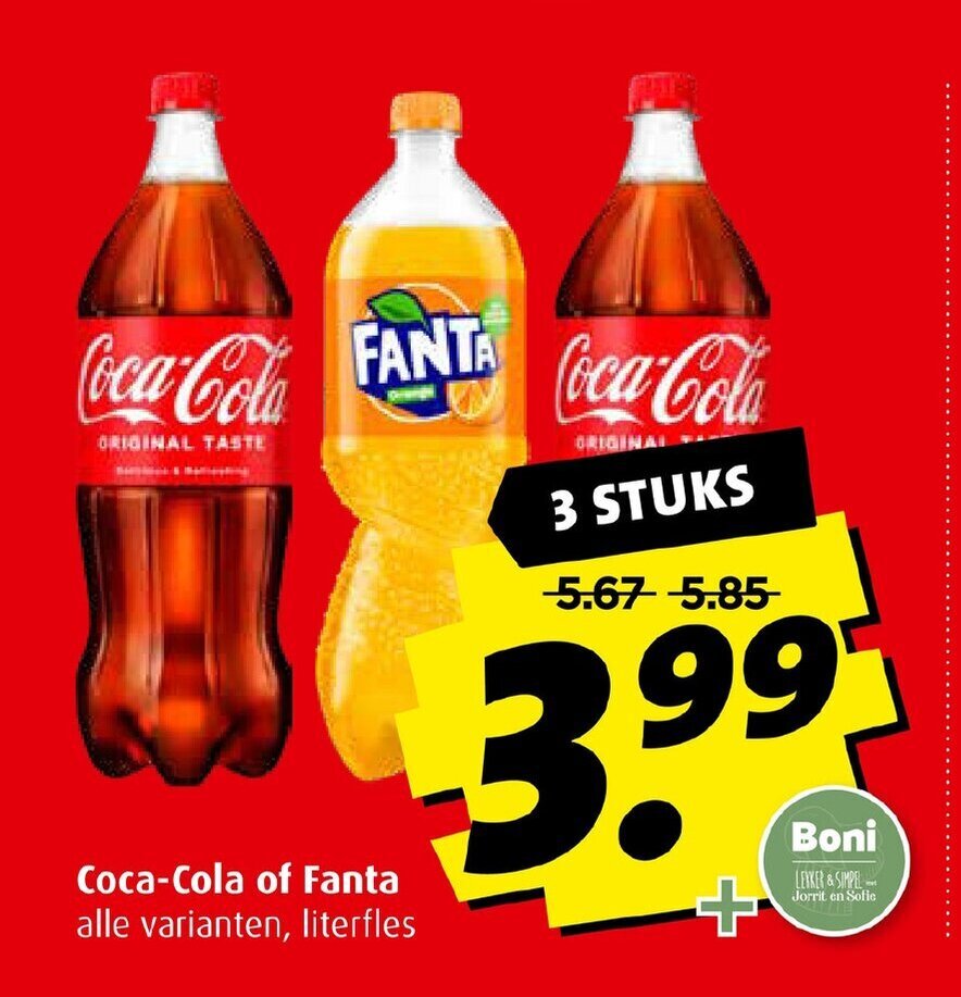 Boni Coca-Cola of Fanta alle varianten, literfles 3 stuks aanbieding