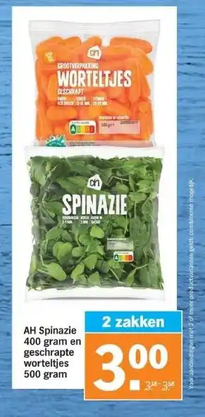 Albert Heijn Ah spinazie 400 gram en geschrapte worteltjes aanbieding