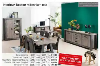 Woonsquare Interieur Boston Millennium Oak Bergkast Smal, TV-Meubel 129cm, Salontafel 135cm Rechte Poot, Eettafel 164cm Rechte Poot Of D aanbieding