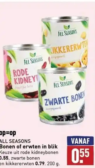 ALDI All seasons bonen of erwten in blik keuze uit rode kidneybonen 0.55, zwarte bonen aanbieding