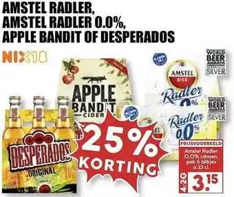 MCD Supermarkt Amstel Radler, Amstel Radler 0.0%, Appel Radler 0.0%, Apple Bandit Of Desperados 25% Korting aanbieding