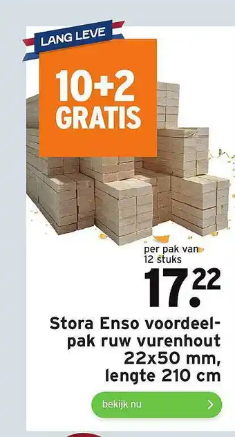 GAMMA Stora Enso Voordeelpak Ruw Vurenhout 22x50 Mm, Lengte 210 Cm 10+2 Gratis aanbieding