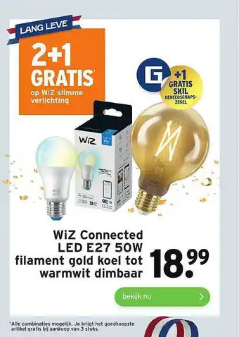 GAMMA WiZ Connected Led E27 50W Filament Gold Koel Tot Warmwit Dimbaar 2+1 Gratis aanbieding