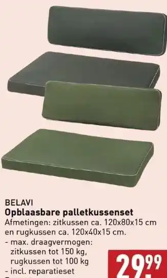 ALDI Opblaasbare palletkussenset afmetingen: zitkussen ca. 120x80x15 cm en rugkussen ca. 120x40x15 cm. max. draagvermogen: zitkuss aanbieding