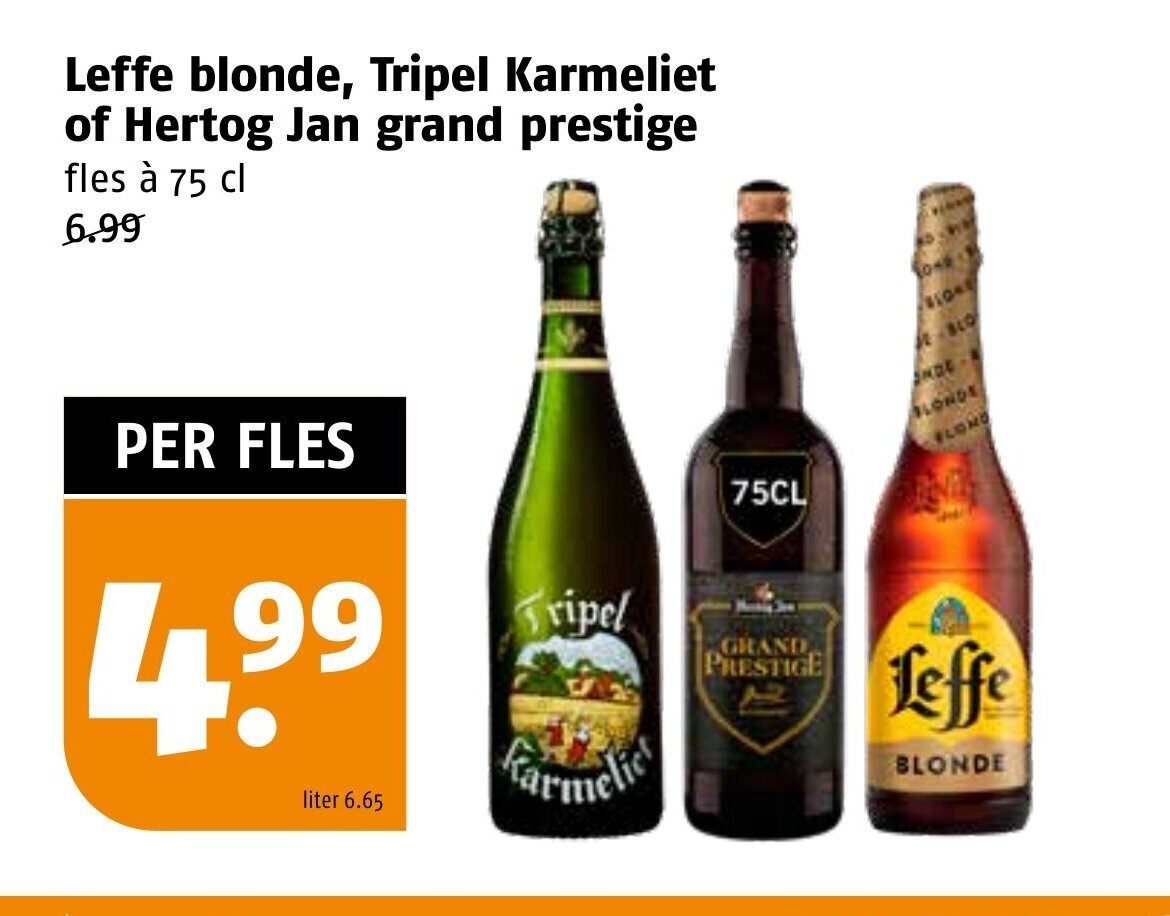 Poiesz Leffe blonde, Tripel Karmeliet of Hertog Jan grand prestige fles à 75 cl aanbieding