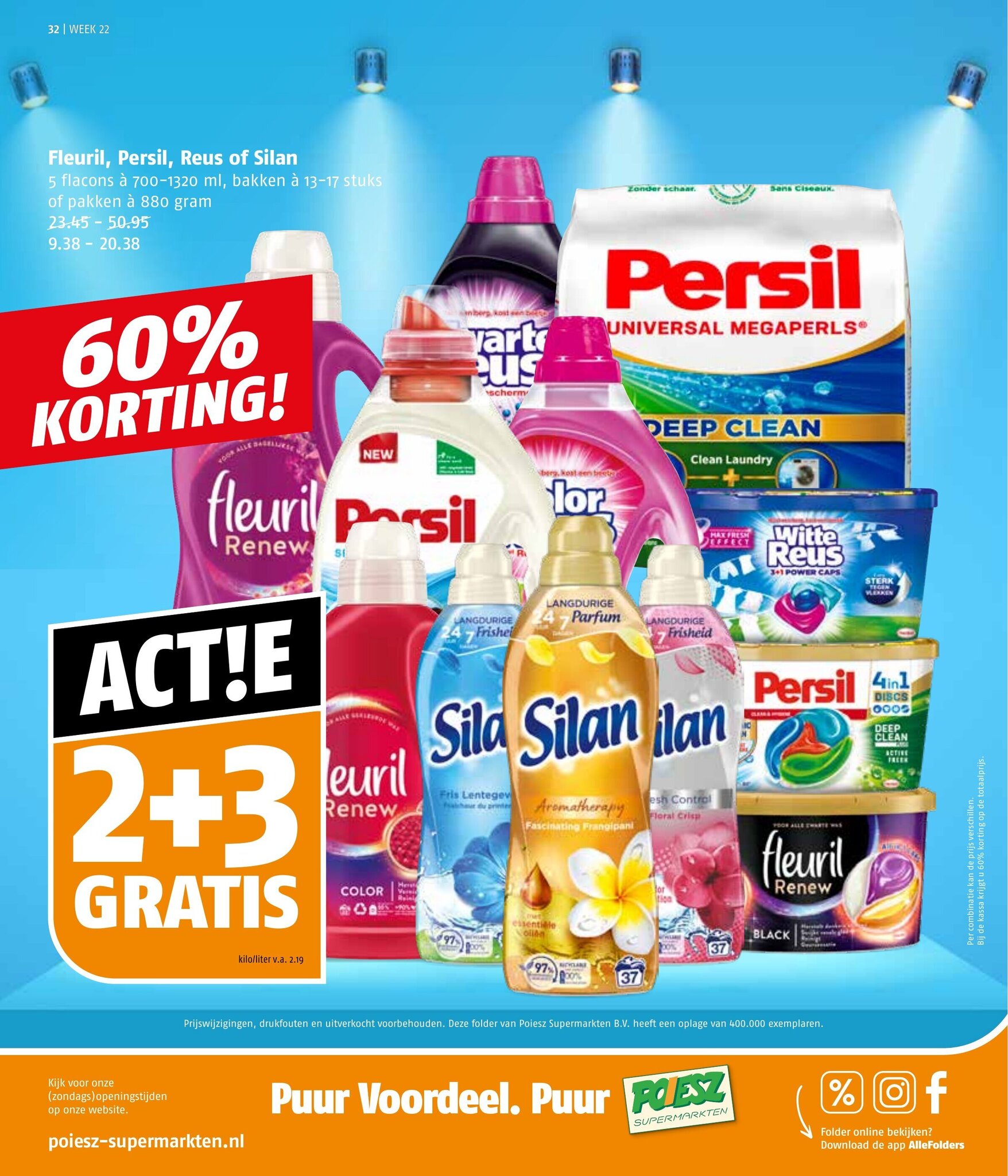 Poiesz Fleuril, Persil, Reus of Silan 5 flacons à 700-1320 ml, bakken à 13-17 stuks of pakken à 880 gram 23.45-50.95 9.38 - 20.38 aanbieding