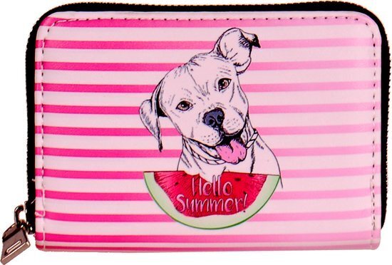 Bol.com Portemonnee met getekende hond - roze/wit gestreept - 13x9cm aanbieding