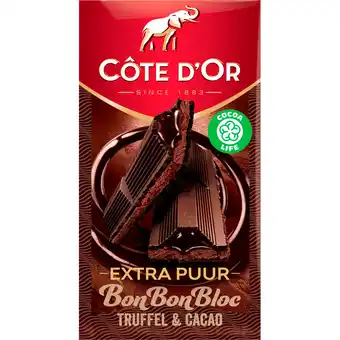 Jumbo Côte d'or extra puur bonbonbloc chocolade reep truffel & cacao 190g aanbieding
