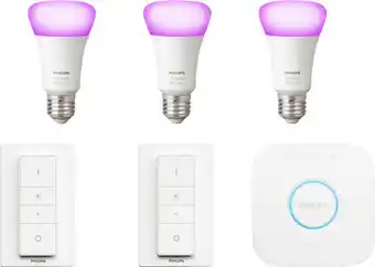 Coolblue Philips Hue White & Colour Starter Pack E27 met 3 lampen + 2 dimmers aanbieding