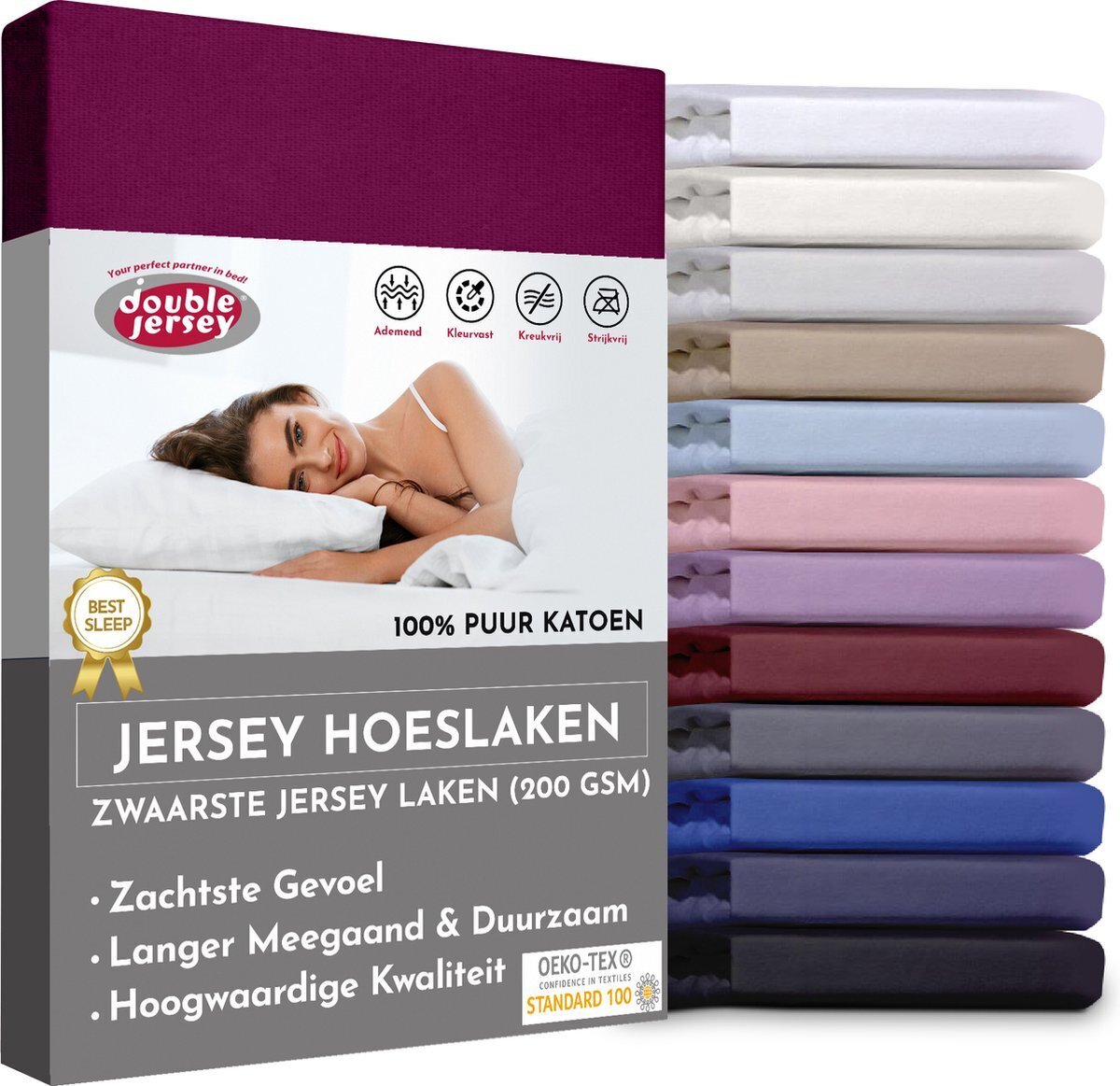 Bol.com Double jersey hoeslaken - hoeslaken 180x200+30 cm - 100% katoen  burgundy aanbieding