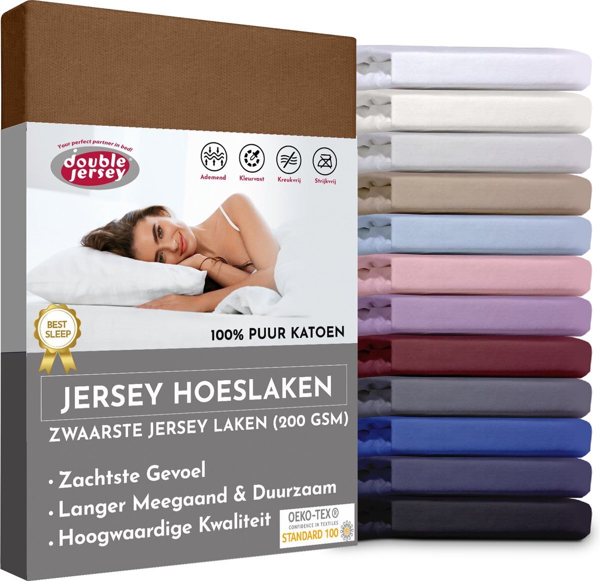 Bol.com Double jersey hoeslaken - hoeslaken 160x200+30 cm - 100% katoen  bruin aanbieding
