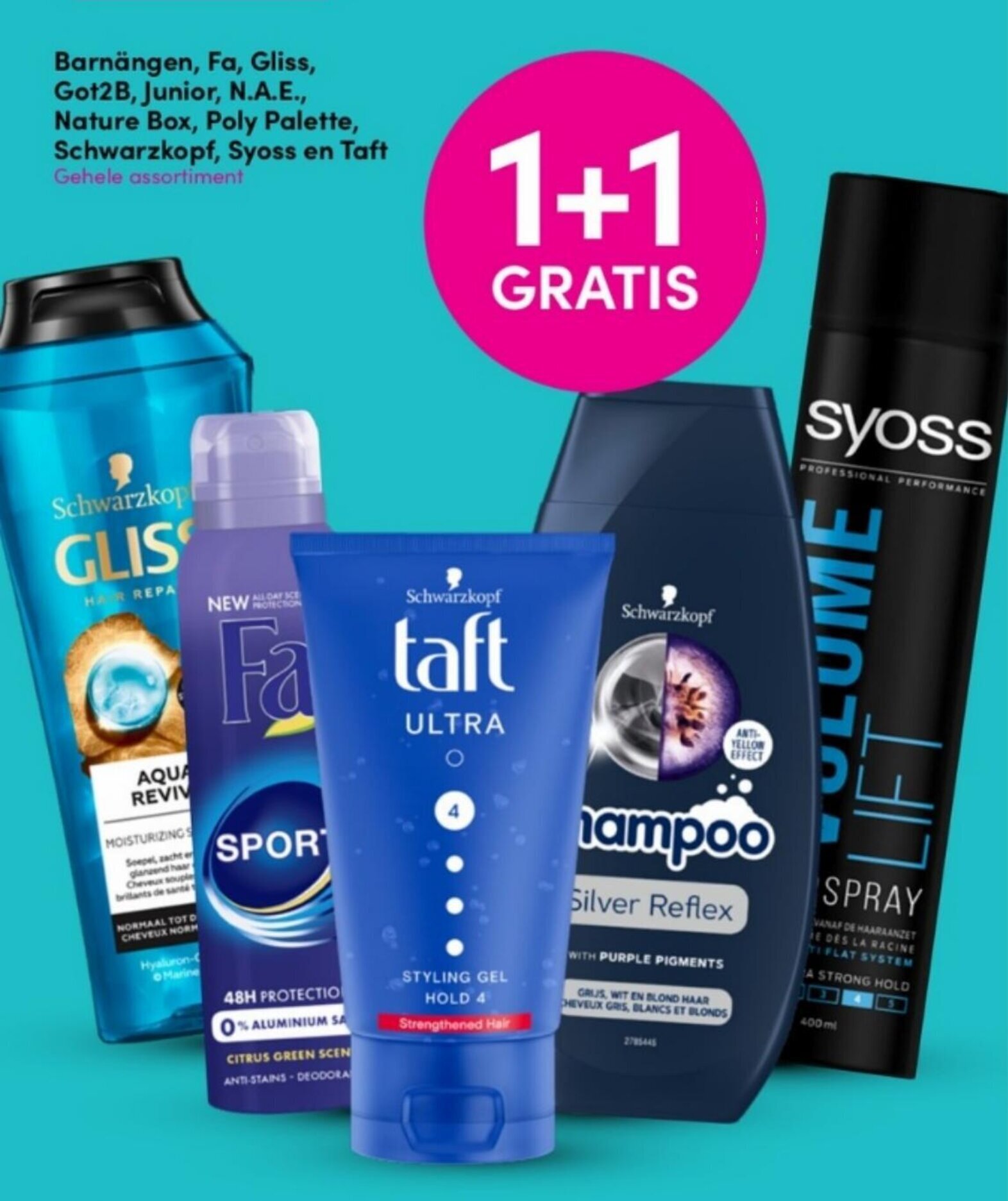 DA Barnängen, Fa, Gliss, Got2B, Junior, N.A.E., Nature Box, Poly Palette, Schwarzkopf, Syoss en Taft Gehele assortiment aanbieding