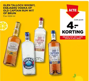 Jumbo GLEN TALLOCH WHISKY, ESBJAERG VODKA OF OLD CAPTAIN RUM WIT OF BRUIN, 1000 mL aanbieding