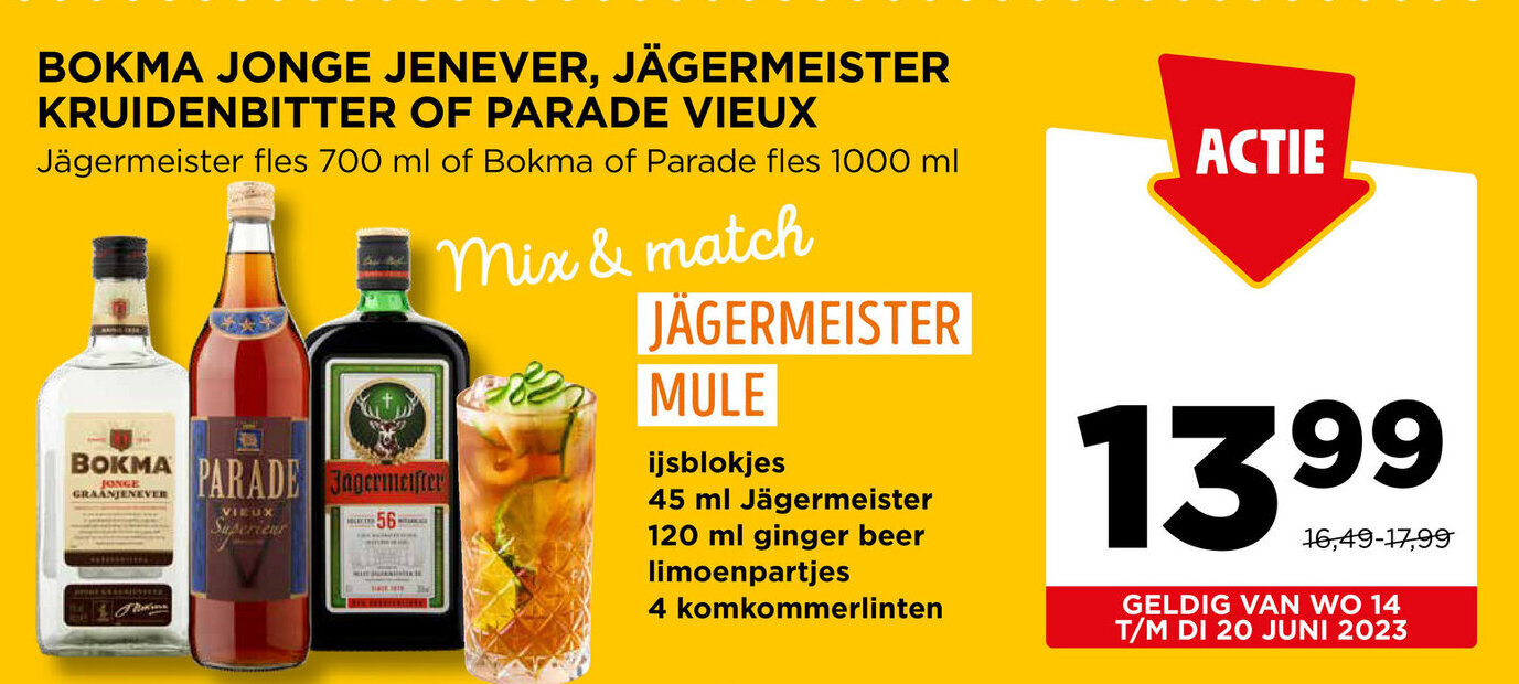 Jumbo BOKMA JONGE JENEVER, JÄGERMEISTER KRUIDENBITTER OF PARADE VIEUX, 1000 mL aanbieding
