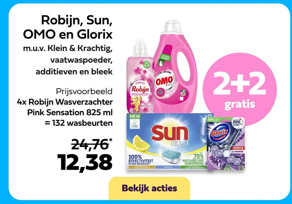 Robijn, Sun, OMO en Glorix 2 + 2 gratis aanbieding bij Plein.nl