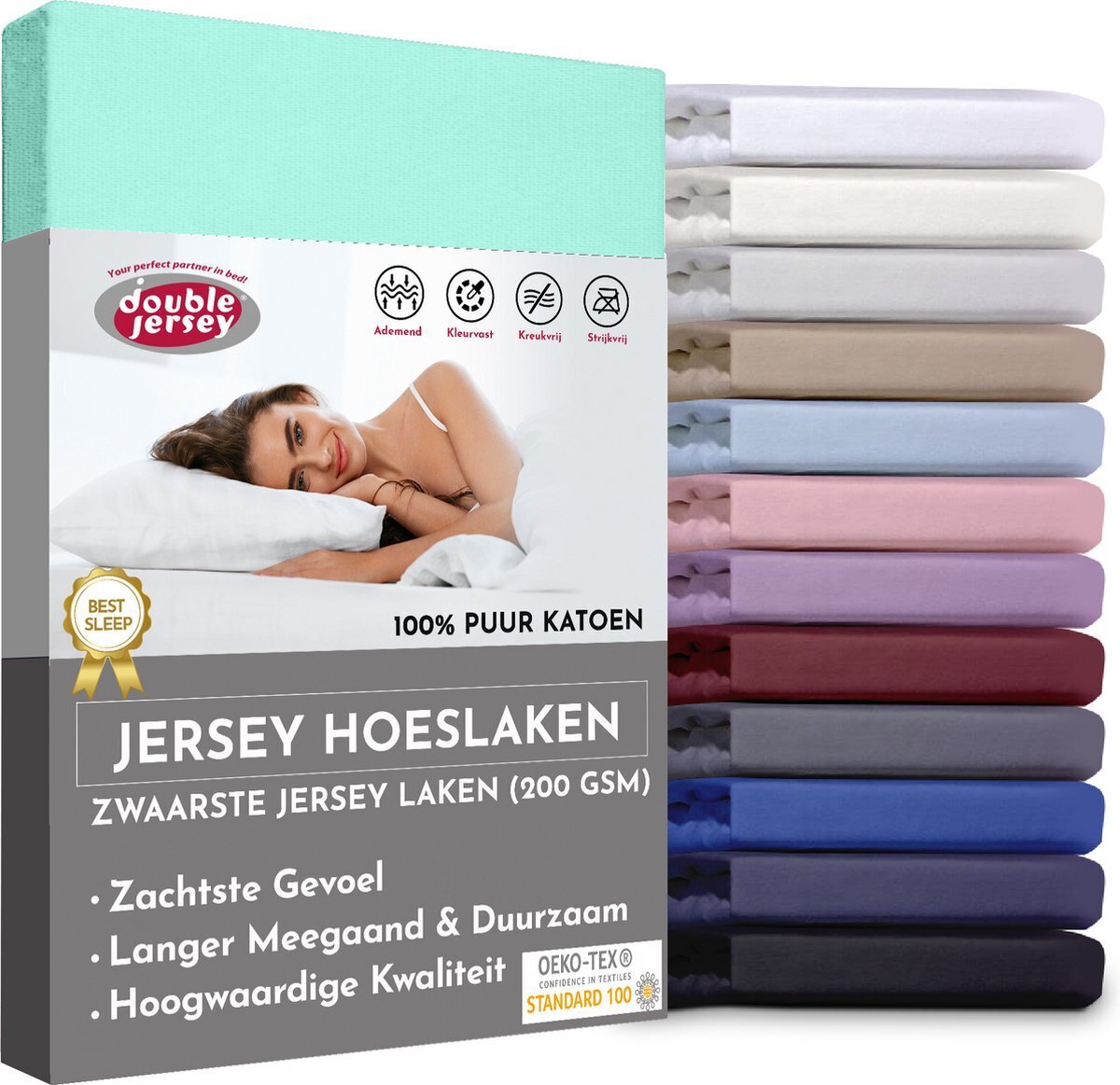 Bol.com Double jersey hoeslaken - hoeslaken 90x200+30 cm - 100% katoen  aqua aanbieding