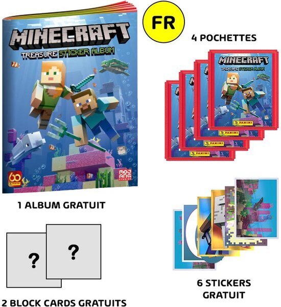 Bol.com Panini - minecraft starterpak + 1 album + 4 zakjes  + 6 stickers +  2 blok kaarten aanbieding