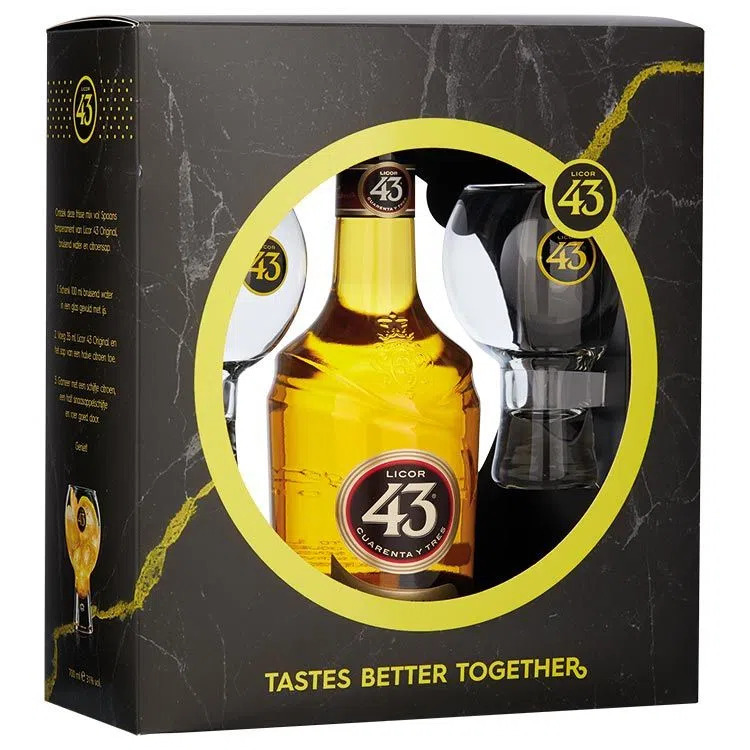 Dirck 3 Licor 43 original met 2 'marmer' ballon glazen 70 cl aanbieding