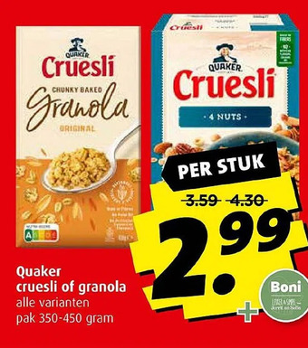 Boni Quaker cruesli of granola aanbieding
