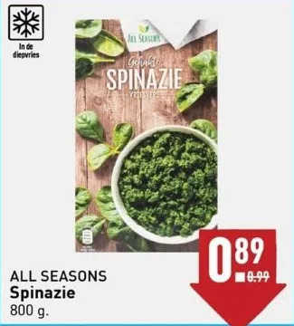 ALDI All seasons spinazie 800 g. aanbieding