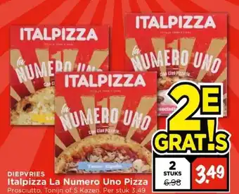 Vomar Voordeelmarkt Italpizza la numero uno pizza prosciutto, tonijn of 5 kazen. per stuk 3.49 aanbieding