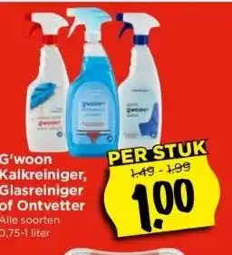 Vomar Voordeelmarkt G'woon kalkreiniger, glasreiniger of ontvetter alle soorten 0,75-1 liter aanbieding