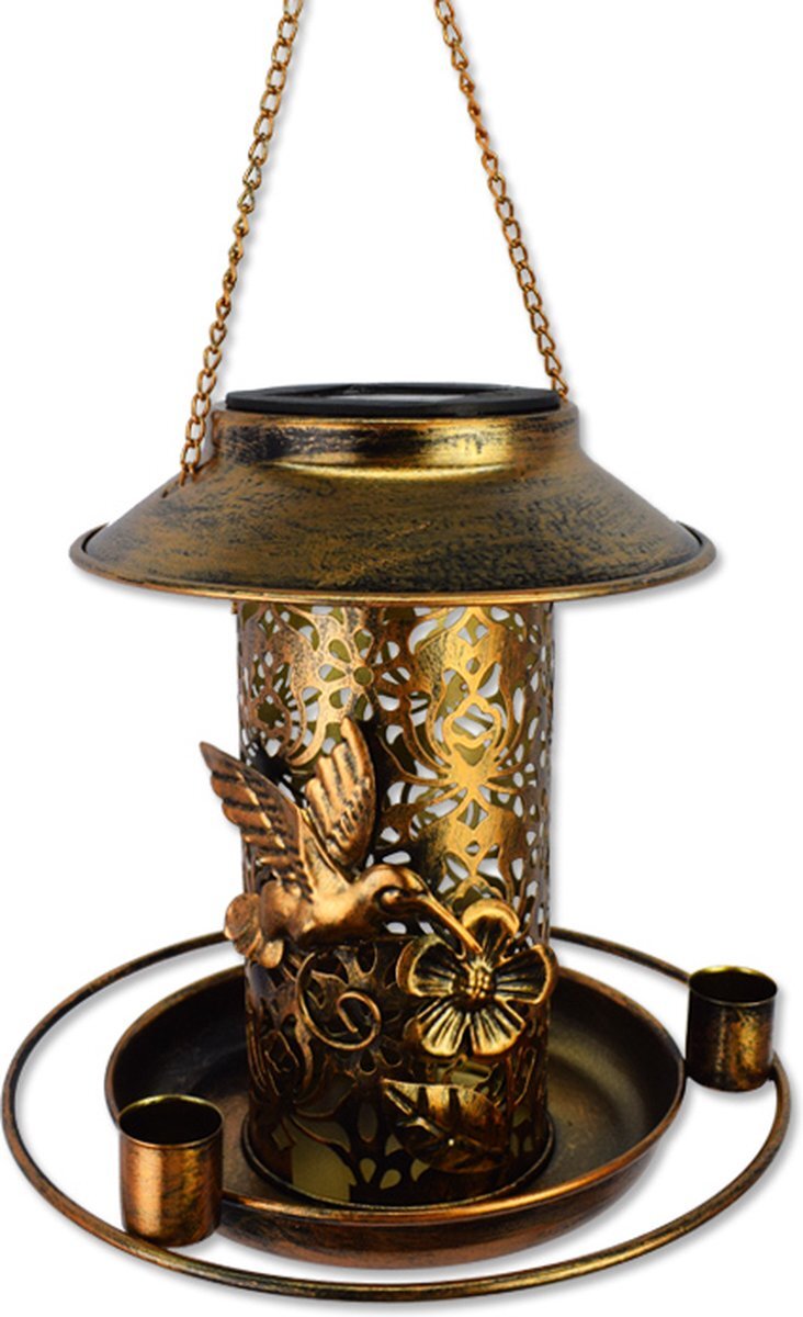 Bol.com Solar tuinverlichting -solar lantaarn(maat l)- 3d met de vogels – brons – metaal - solar tuinlamp op zonne energie – led buit aanbieding