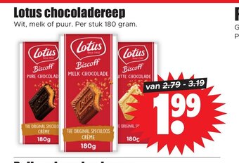 Dirk Lotus chocoladereep Wit, melk of puur. Per stuk 180 gram. aanbieding