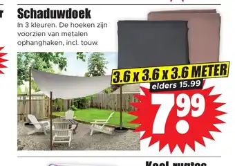 Dirk Schaduwdoek In 3 kleuren. De hoeken zijn voorzien van metalen ophanghaken, incl. touw. aanbieding