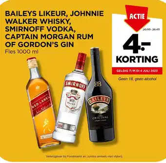 Jumbo BAILEYS LIKEUR, JOHNNIE WALKER WHISKY, SMIRNOFF VODKA, CAPTAIN MORGAN RUM OF GORDON'S GIN Fles 1000 ml aanbieding