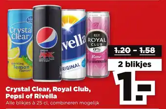 PLUS Crystal Clear, Royal Club, Pepsi of Rivella Alle blikjes à 25 cl, combineren mogelijk aanbieding