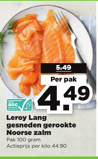 PLUS Leroy Lang gesneden gerookte Noorse zalm Pak 100 gram aanbieding